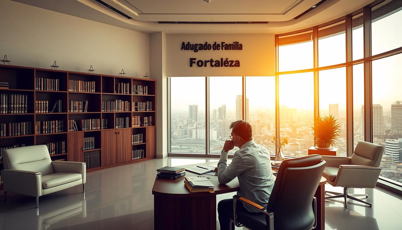 A large, modern law office with sleek furniture, bookshelves, and a prominent "Advogado de Família Fortaleza" sign on the wall. An attorney sits at a desk, surrounded by files and documents, deep in thought as they review a case related to a legal paternity investigation. Warm, natural lighting filters through the windows, creating a professional yet approachable atmosphere. The background shows a cityscape of Fortaleza, hinting at the local context. The overall scene conveys the step-by-step process of a socio-affective paternity investigation in a legal setting.