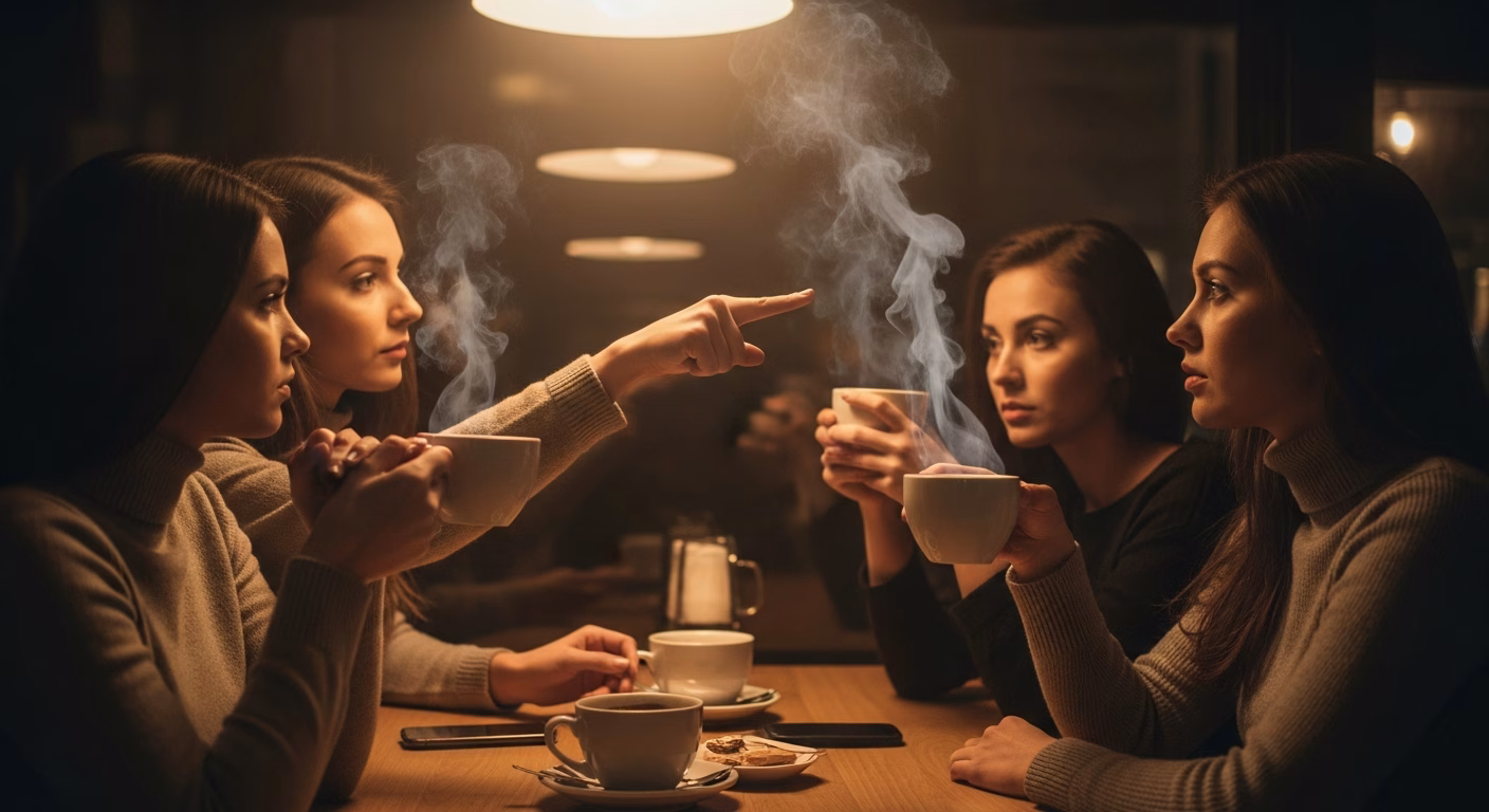 Imagem mostra agressões contra mulheres com testemunhas, Interior de uma cafeteria aconchegante, iluminação quente e vapor...