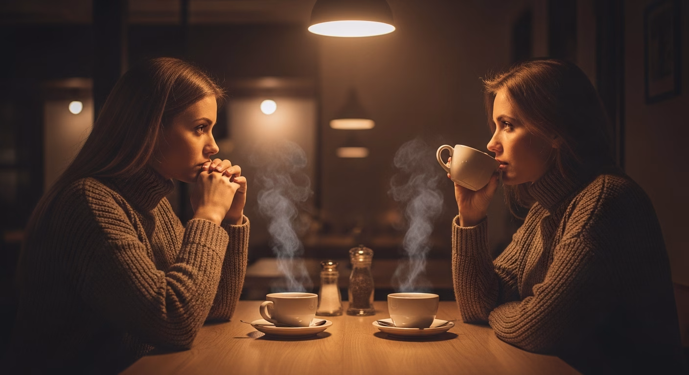 Imagem mostra agressões contra mulheres com testemunhas, Interior de uma cafeteria aconchegante, iluminação quente e vapor...