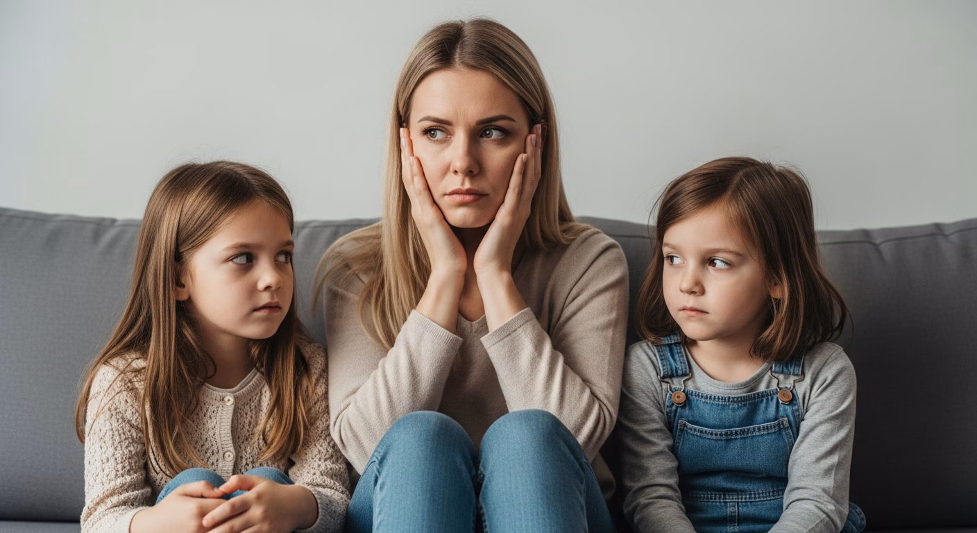 Mulher jovem com seus dois filhos crianças e com ciúmes da nova mulher do pai de seus filhos