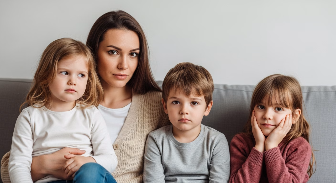 Mulher jovem com seus dois filhos crianças e com ciúmes da nova mulher do pai de seus filhos