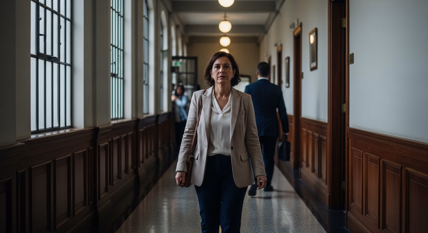 Uma mulher, 40 anos, está nos corredores do Fórum de Fortaleza, para uma audiência.