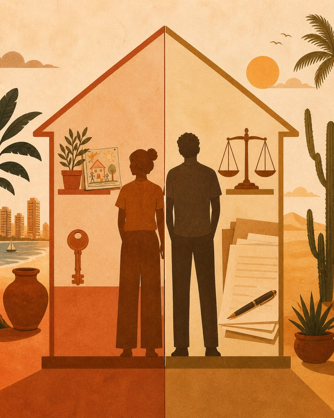 "Moro junto, mas não sou casado": como proteger seus bens agora 7 Ilustração de dois silhuetas dentro de casa dividida entre vida compartilhada e documentos legais