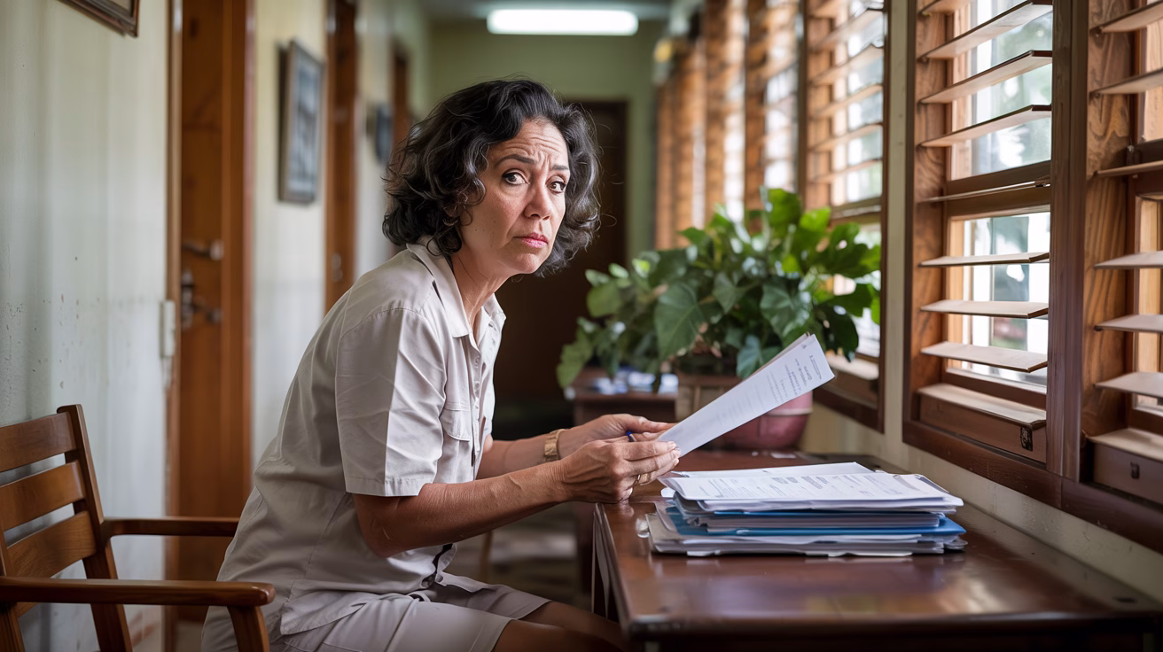 Justiça Gratuita em Fortaleza: Quem Tem Direito e Como Pedir 6
Mãe brasileira preocupada sentada em banco de madeira no corredor de um fórum, segurando documentos amassados, olhar distante e expressão de angústia, luz natural entrando por janela ao fundo