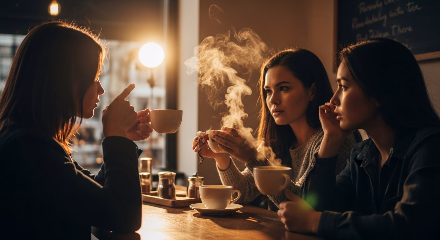 Imagem mostra agressões contra mulheres com testemunhas, Interior de uma cafeteria aconchegante, iluminação quente e vapor...