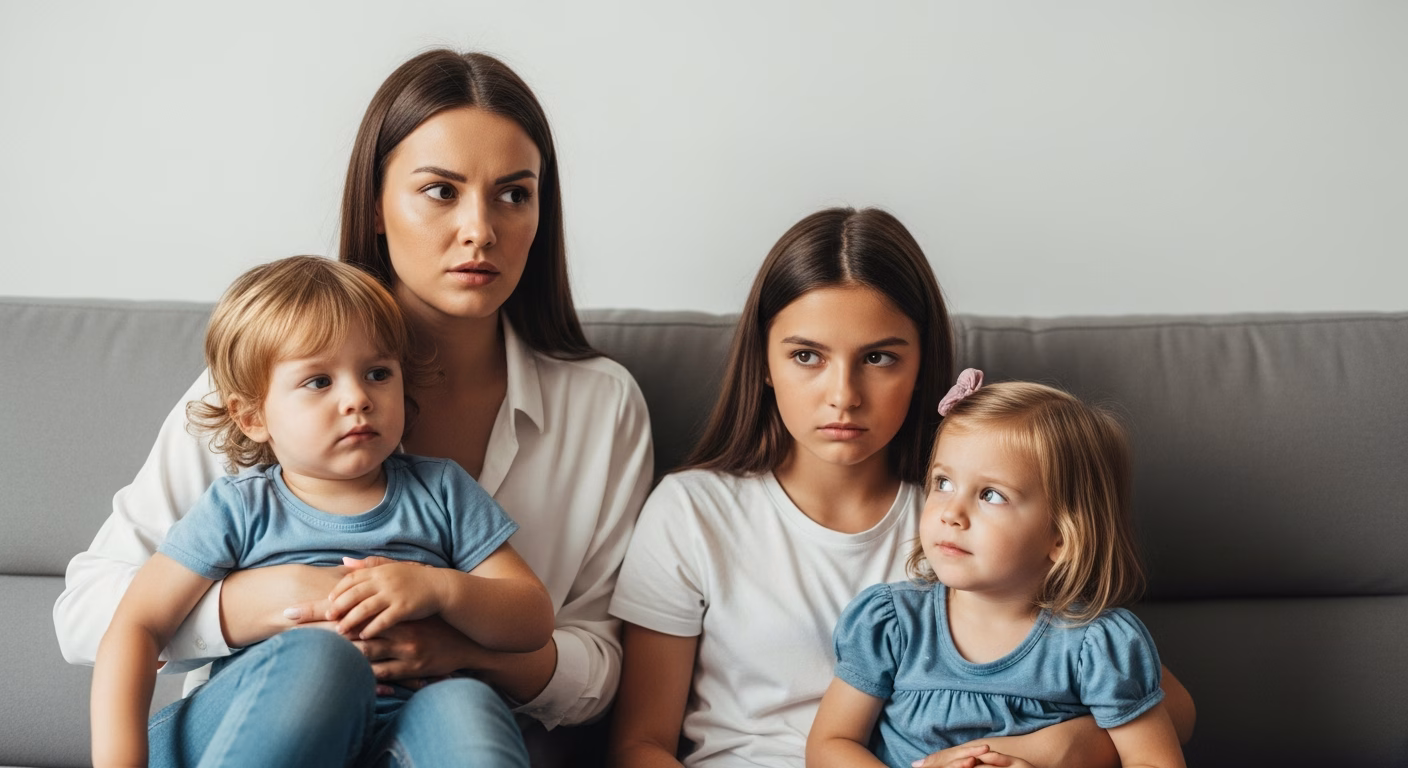 Mulher jovem com seus dois filhos crianças e com ciúmes da nova mulher do pai de seus filhos