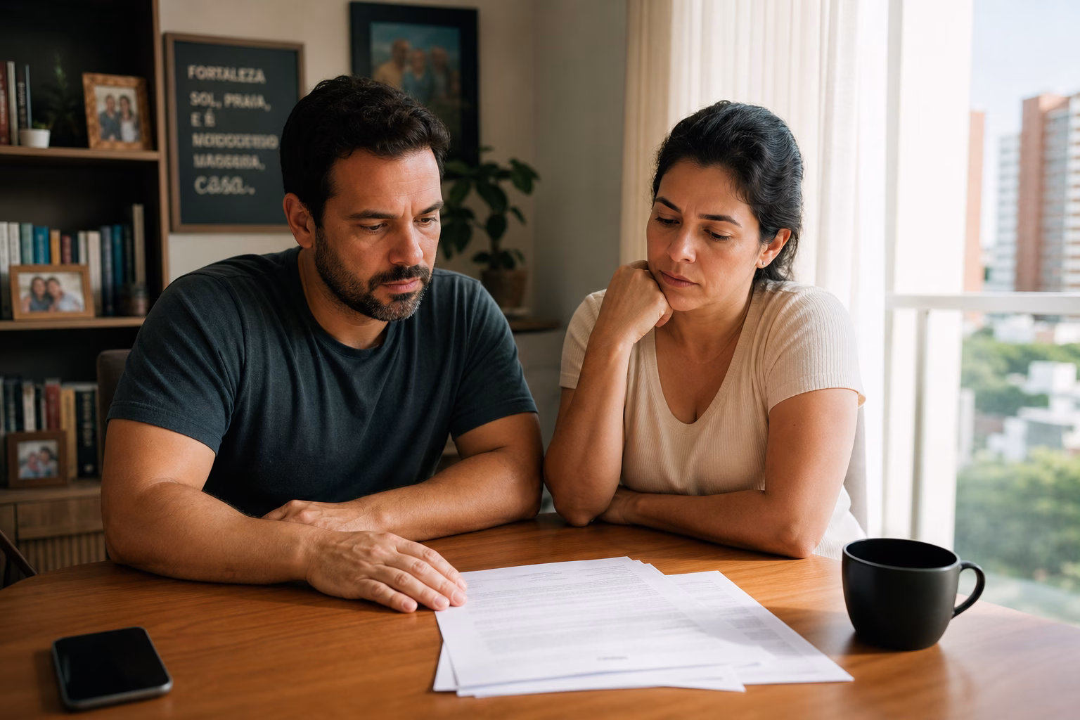 "Moro junto, mas não sou casado": como proteger seus bens agora 5 Casal que moro junto não casado analisa documentos jurídicos sobre mesa de madeira em apartamento iluminado