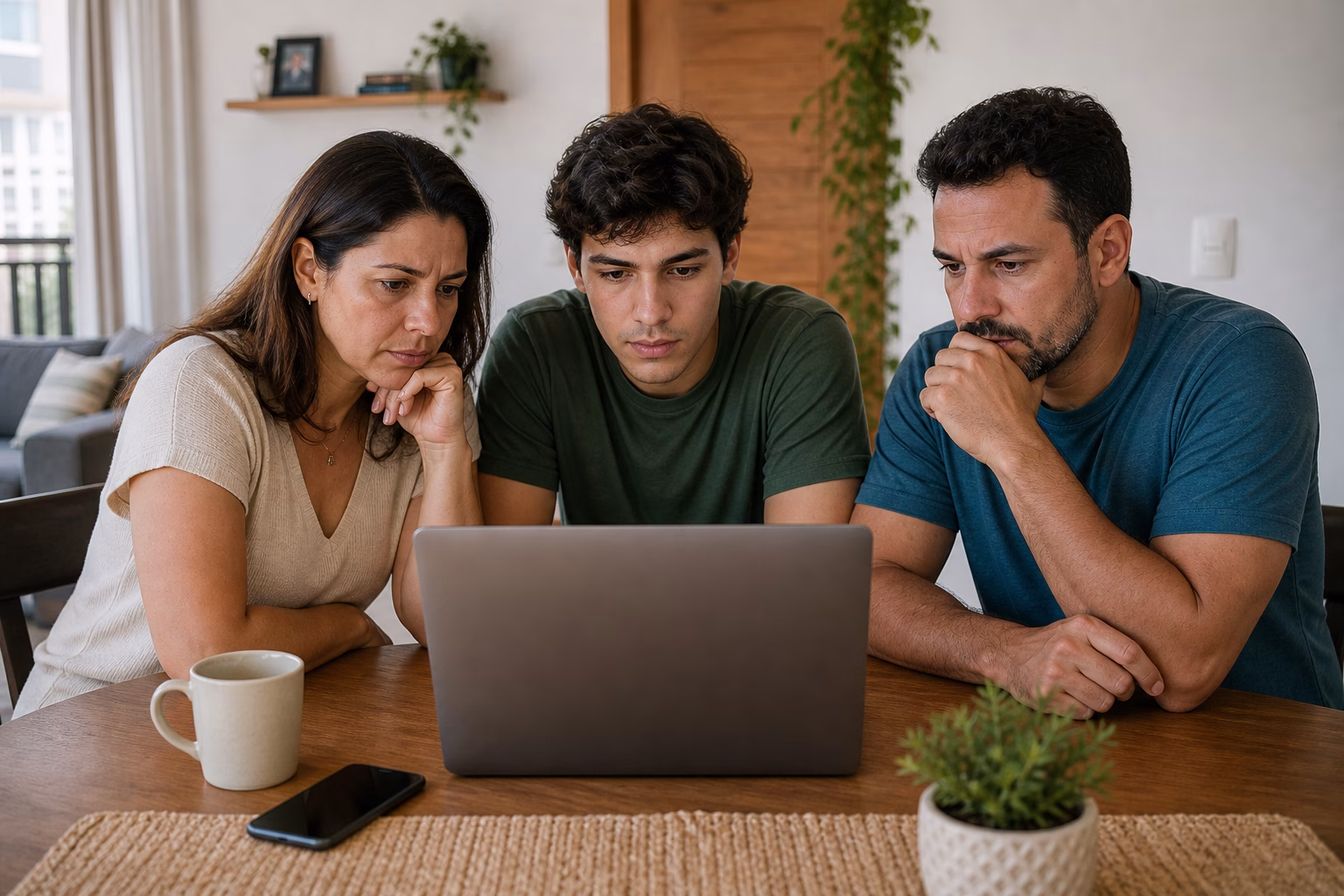 Família jovem — mãe, pai e filho adulto — sentados à mesa, olhando juntos para um notebook aberto, expressão concentrada e levemente preocupada.