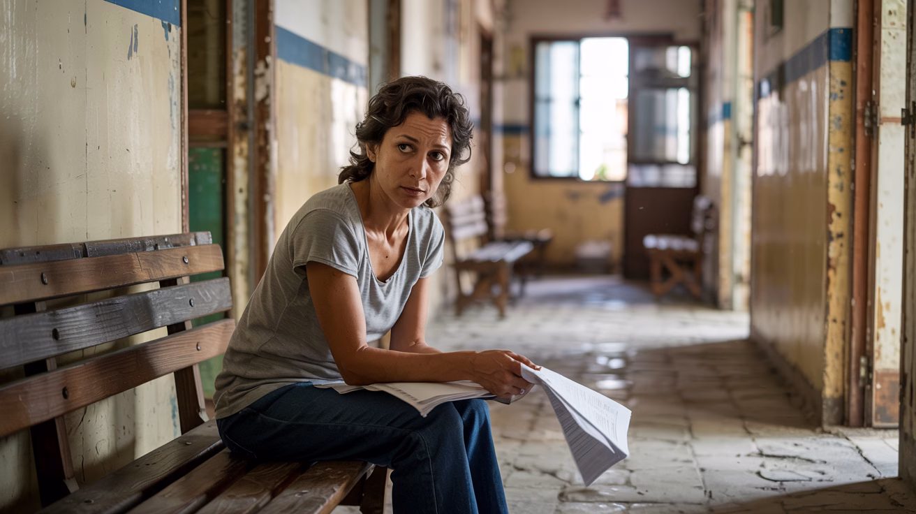 Mãe brasileira preocupada sentada em banco de madeira no corredor de um fórum, segurando documentos amassados, olhar distante e expressão de angústia, luz natural entrando por janela ao fundo