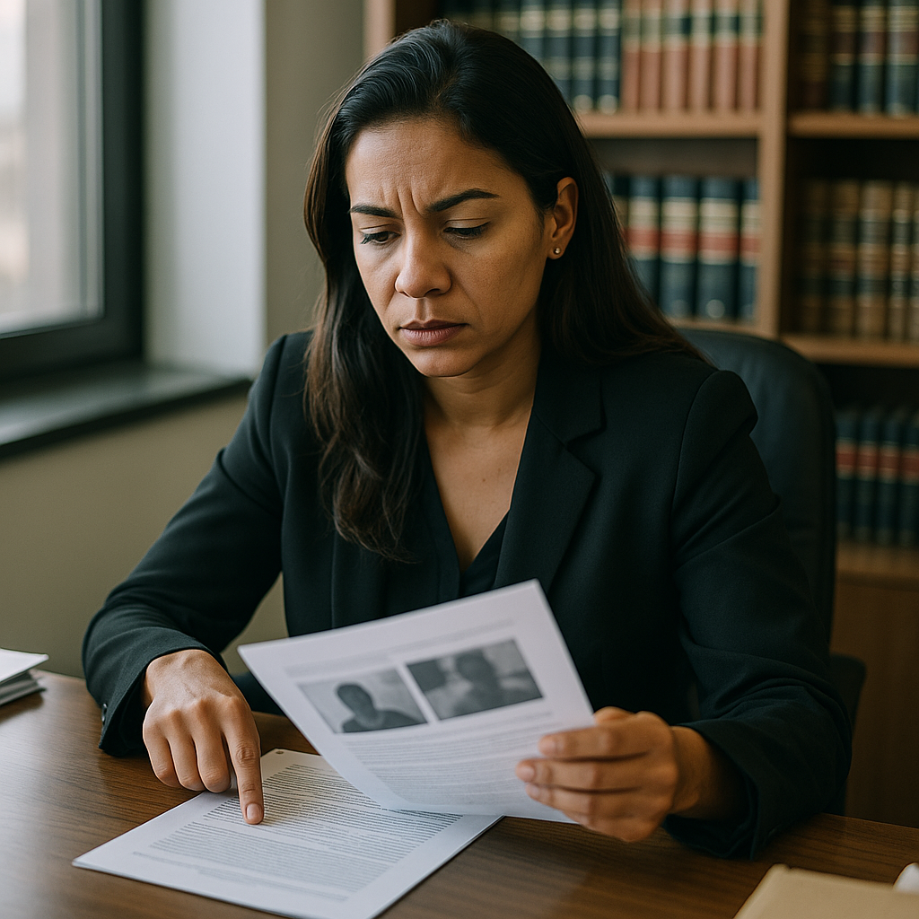 Como funciona o estudo social no processo de guarda? 7 Assessora judicial analisa relatório com fotos sobre estudo social guarda em escritório do fórum