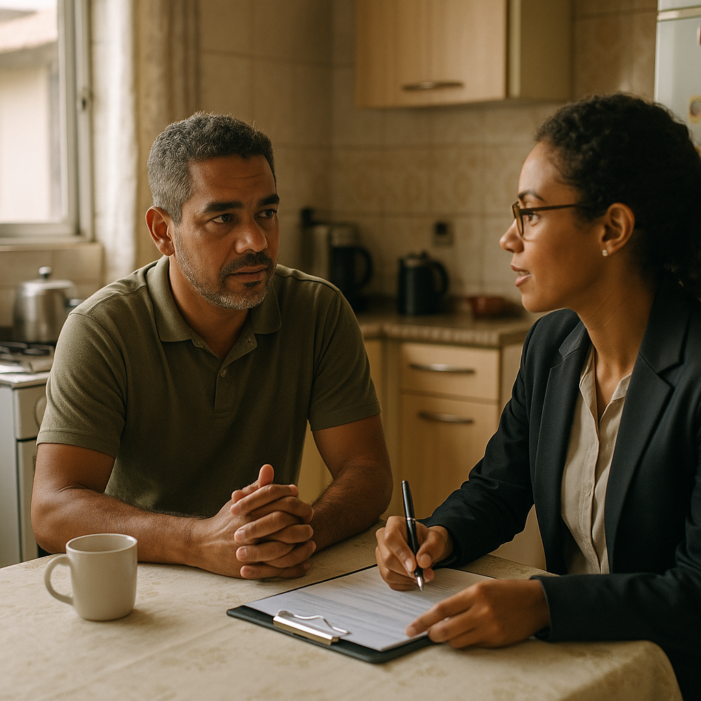 Como funciona o estudo social no processo de guarda? 8 Pai conversa calmamente com assistente social na cozinha durante avaliação de estudo social guarda
